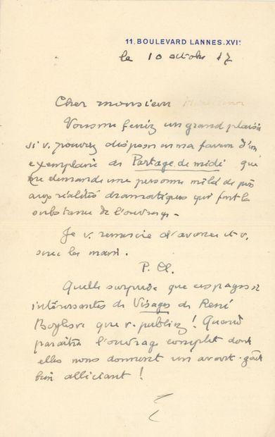 CLAUDEL Paul (1868-1955). Écrivain poète. L.A.S. "P. Cl." to his publisher. (Paris),...