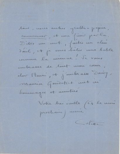COLETTE Sidonie Gabrielle (1873-1954). L.A.S. to "Dear Henri" (s.l.n.d.) 2 pp. in-folio...