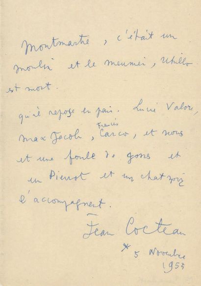 COCTEAU Jean (1889-1963). Autograph manuscript signed (s.l.) November 5, 1955. 1...