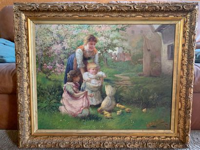 Comtesse de VARINKOV (XIX/XXème siècle) "Mother and children in the countryside".
Oil...