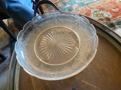 L. LAPAR Pair of circular crystal display bowls engraved with garlands of flowers...