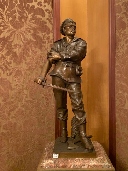 Jean-Louis GREGOIRE (1840 - 1890) Sculpture en bronze à patine brune « Le branle-bas...