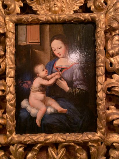 Suiveur de Raphaël "The Madonna with carnations
Oil on panel
Beautiful Italian gilded...
