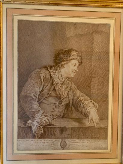 Gilles DEMARTEAU (1722-1776), d'après Carle VAN LOO (1705-1765) Portrait of the painter
Engraving...