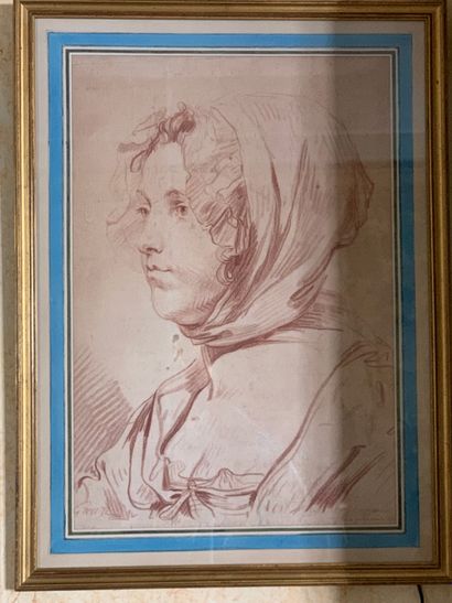 D'après Jean-Baptiste GREUZE (1725-1805) Young girl with a bonnet
Engraving in red...