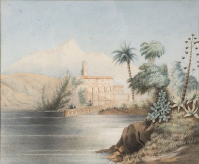 Mathieu-Auguste KOENING (Paris 1802 - le Caire 1866) Palais et palmiers au bord de...