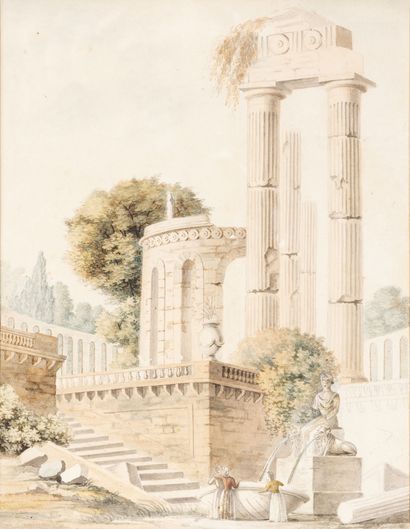 Mathieu-Auguste KOENING (Paris 1802 - Le Caire 1866) Temple et colonnade Aquarelle
20...