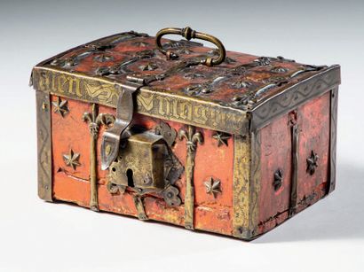 Wooden case covered with red painted gesso,...
