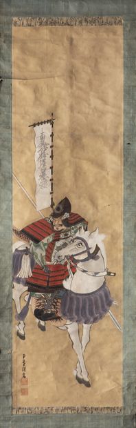 JAPON Epoque EDO (1603-1868), XIXe siècle Ink and colors on paper, samurai on horseback,...