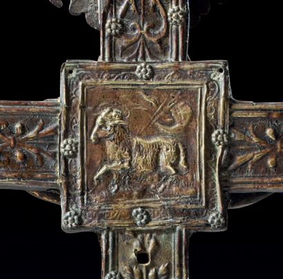 null Processional cross with wooden core covered with gilded and embossed copper...