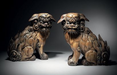 JAPON - Epoque EDO (1603-1868), XIXe siècle Pair of seated shishi in wood with traces...