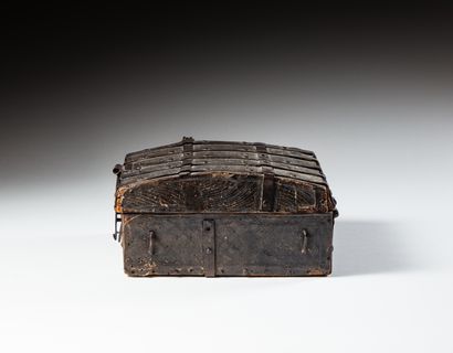 null Messenger box with wooden core covered with chased leather decorated with foliage...