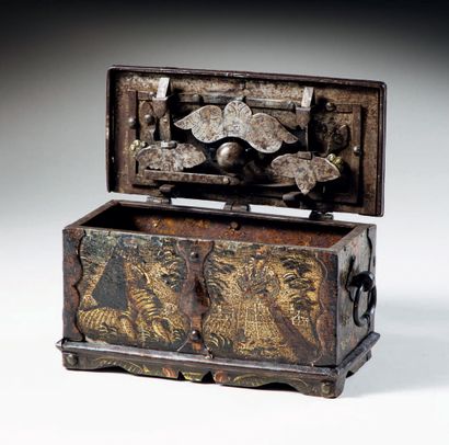 null Polychromed wrought iron box decorated with a couple of characters in front,...