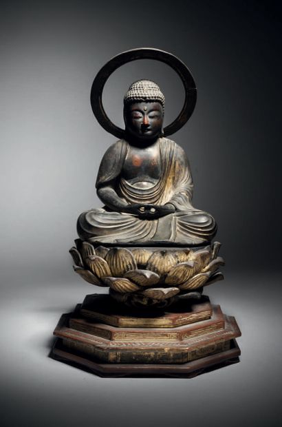 JAPON - Epoque EDO (1603-1868), XIXe siècle Statuette d'Amida Nyorai (Jôin) en bois...