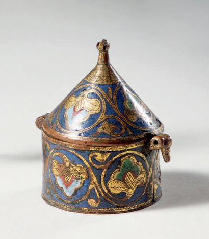 Pyxis in champlevé copper, enamelled, engraved...