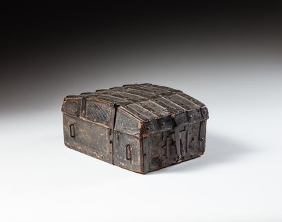 null Messenger box with wooden core covered with chased leather decorated with foliage...