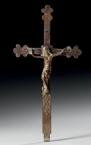 null Processional cross in copper, cast, champlevé, enameled, engraved and gilded....