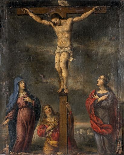 Ecole française du XVIIe siècle Christ en croix avec saint Jean, sainte Marie Madeleine...