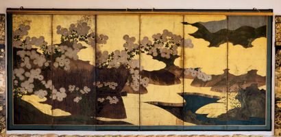JAPON, milieu époque EDO (1603-1868), XVIIIe siècle Paravent à six feuilles sur fond...