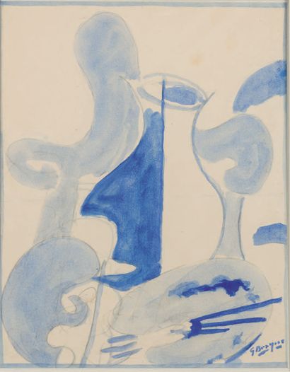 BRAQUE Georges LA PALETTE AU VASE [1948]. Aquarelle sur traits de crayon signée....