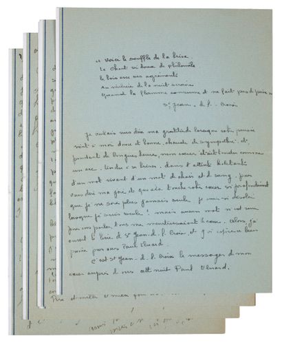 BESNARD Marie 3 LETTRES AUTOGRAPHES SIGNÉES à Paul ELUARD. 10 pages in-8 à l'encre.
Marie...