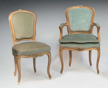 null Pair of chairs and armchair in the Louis XV style in cream and gilded lacquered...