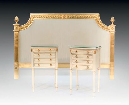 null Pair of bedside tables and headboard in the Louis XVI style. The pair of bedside...