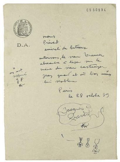 JACQUES PRÉVERT (1900-1977) Document autographe signé à Alexandre Trauner. Paris,...
