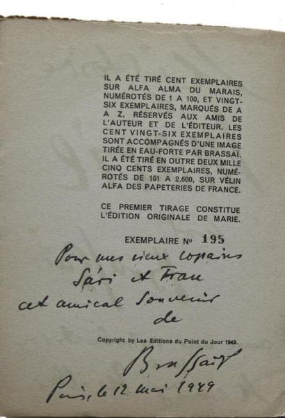 BRASSAÏ Histoire de Marie. Paris, Le Point du Jour, 1949; in-12, broché. Édition...