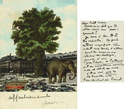 JACQUES PRÉVERT (1900-1977) Collage original signé sur carte postale signée. 15 x...