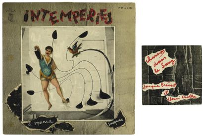 JACQUES PRÉVERT (1900-1977) Intempéries. Disque 33 tours. Collage original signé....