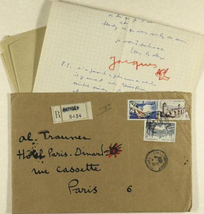JACQUES PRÉVERT (1900-1977) Lettre autographe signée à Alexandre Trauner. 1956; 2...
