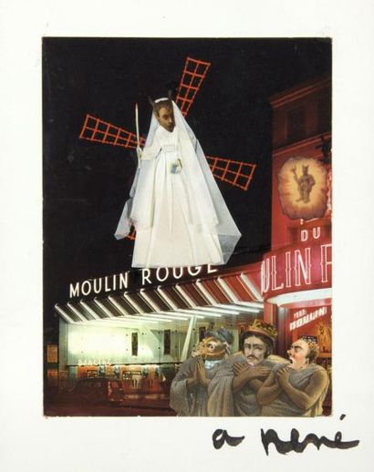 JACQUES PRÉVERT (1900-1977) Moulin Rouge. Collage original signé. Antibes, 1963....