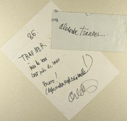 ARLETTY Billet autographe signé à Alexandre Trauner. 1986; 1 page in-4, enveloppe...