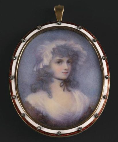 OZIAS HUMPHRY (1742-1810), ÉCOLE DE Portrait de jeune femme en robe prune à large...