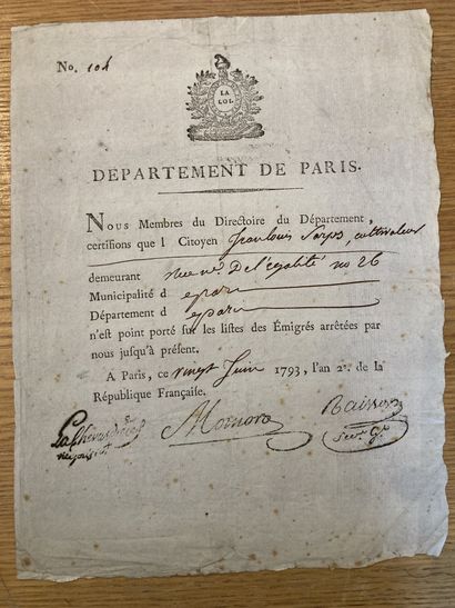 null [Emigration]
- Certificat de résidence, en exécution de la loi du 28 mars 1793,...