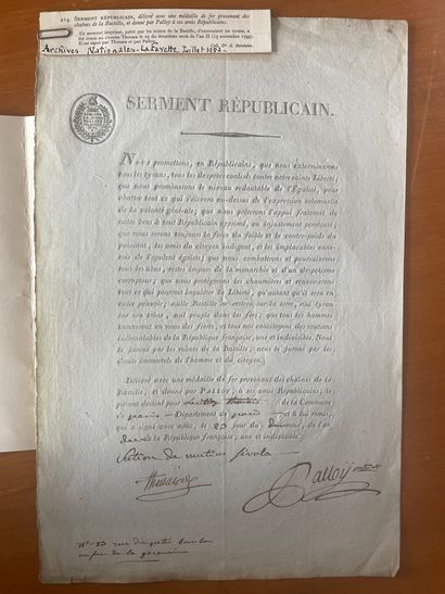 null Republican oath. Paris, Year II (1793).
One sheet.
Interesting document, delivered...