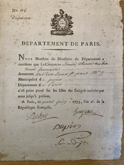 null [Emigration]
- Certificat de résidence, en exécution de la loi du 28 mars 1793,...