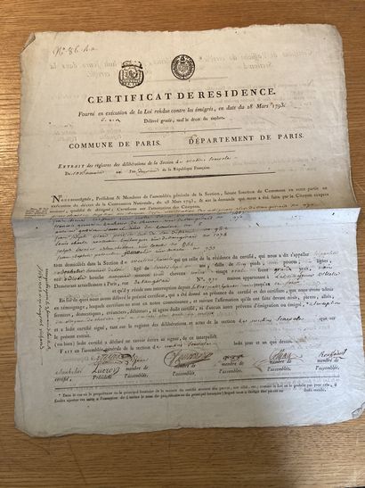 null [Emigration]
- Certificat de résidence, en exécution de la loi du 28 mars 1793,...