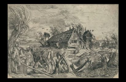 Jacob de GHEYN II (1565-1629) Paysage avec une ferme délabrée ; au premier plan,...