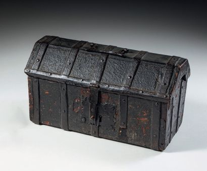 Large chest with panelled lid, chased leather-covered...