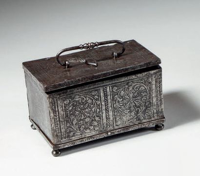 Etched iron case with foliate scrolls in...