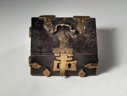 Small iron box with hinges, top handle and...