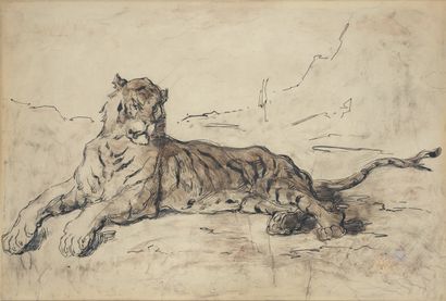 Atelier d'Eugène DELACROIX Reclining Tiger
Pen and wash drawing with gouache highlights,...