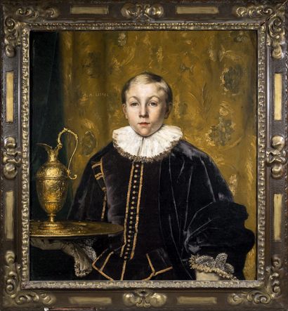 Adolphe Alexandre LESREL (Genets 1839-1929) Portrait of a young boy in a Gothic interior
Canvas
Signed... Gazette Drouot
