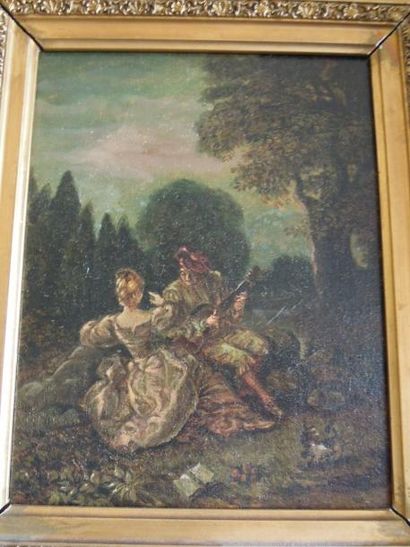 Dans le gout du XVIIIème Scène galante, huile sur toile 27 x 22 cm (accidents)