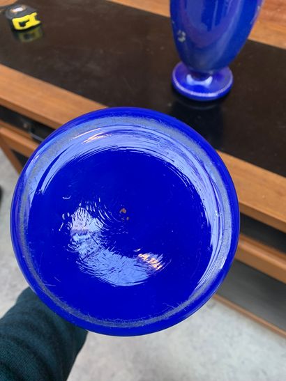 null Paire de vases en verre bleu à décor polychrome d'oiseaux branchés
H. 36 cm