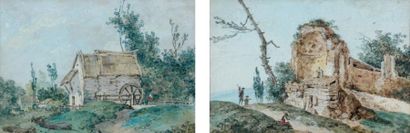 JEAN MICHEL MOREAU LE JEUNE (PARIS 1741 - 1814) Paysages animés Paire d'aquarelles...