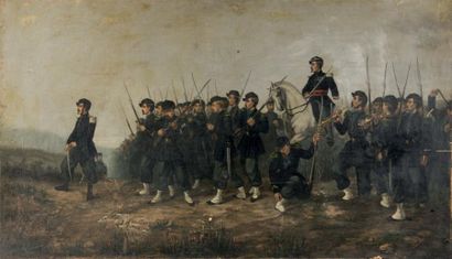Paul DESCELLES (1851-1915) Chasseurs à pied Huile sur toile marouflée sur panneau...