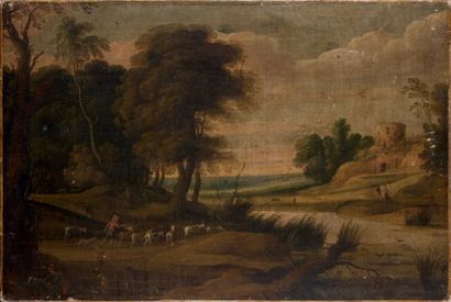Attribué à Lucas van UDEN (1595-1672) Paysage avec un berger et son troupeau de chèvres...